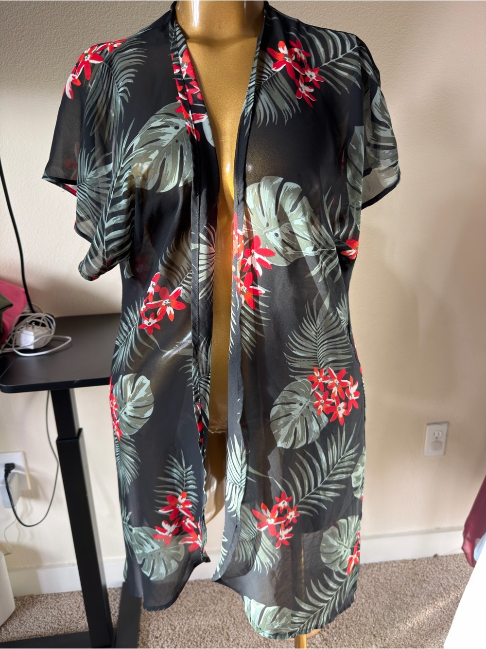 Moral Fiber Black Sheer Kimono with Red Floral & Green Leaf Print